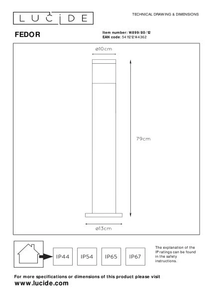 Lucide FEDOR - Bollard light Outdoor - 1xE27 - IP44 - Satin Chrome - technical